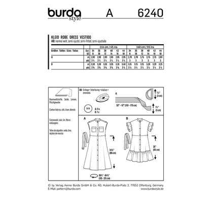 BURDA Sewing Pattern Button‑Front Dress Stand Collar 6240 Paper Pattern