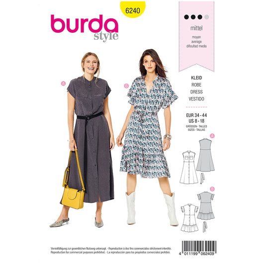 BURDA Sewing Pattern Button‑Front Dress Stand Collar 6240 Paper Pattern