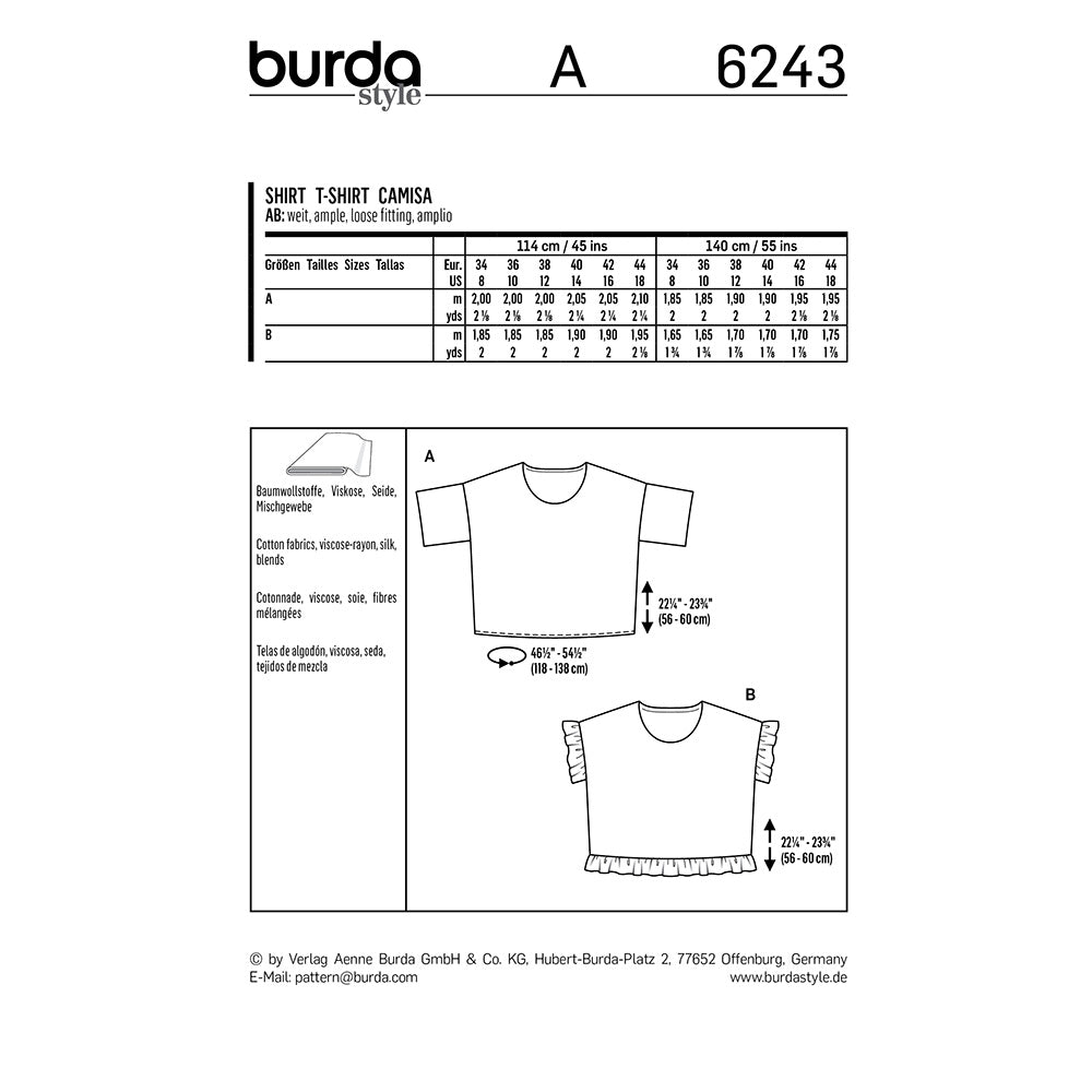 BURDA Sewing Pattern Boxy Top Round Neckline 6243 Paper Pattern