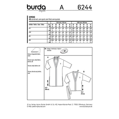 BURDA Sewing Pattern Kimono Coat/Jacket Two Lengths 6244 Paper Pattern
