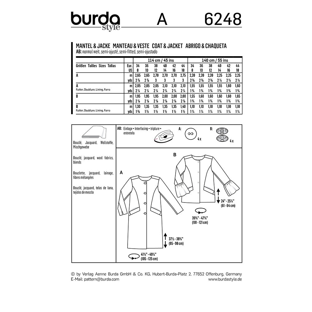 BURDA Sewing Pattern Pattern 6248 Coat/jacket Collarless