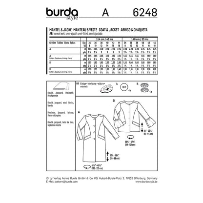 BURDA Sewing Pattern Pattern 6248 Coat/jacket Collarless