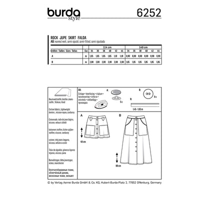 BURDA Sewing Pattern Pattern 6252 Skirt Flared