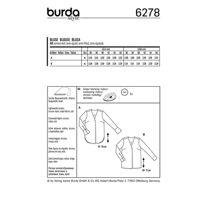 BURDA Sewing Pattern Pattern 6278 Blouse With Back Yoke V-neckline