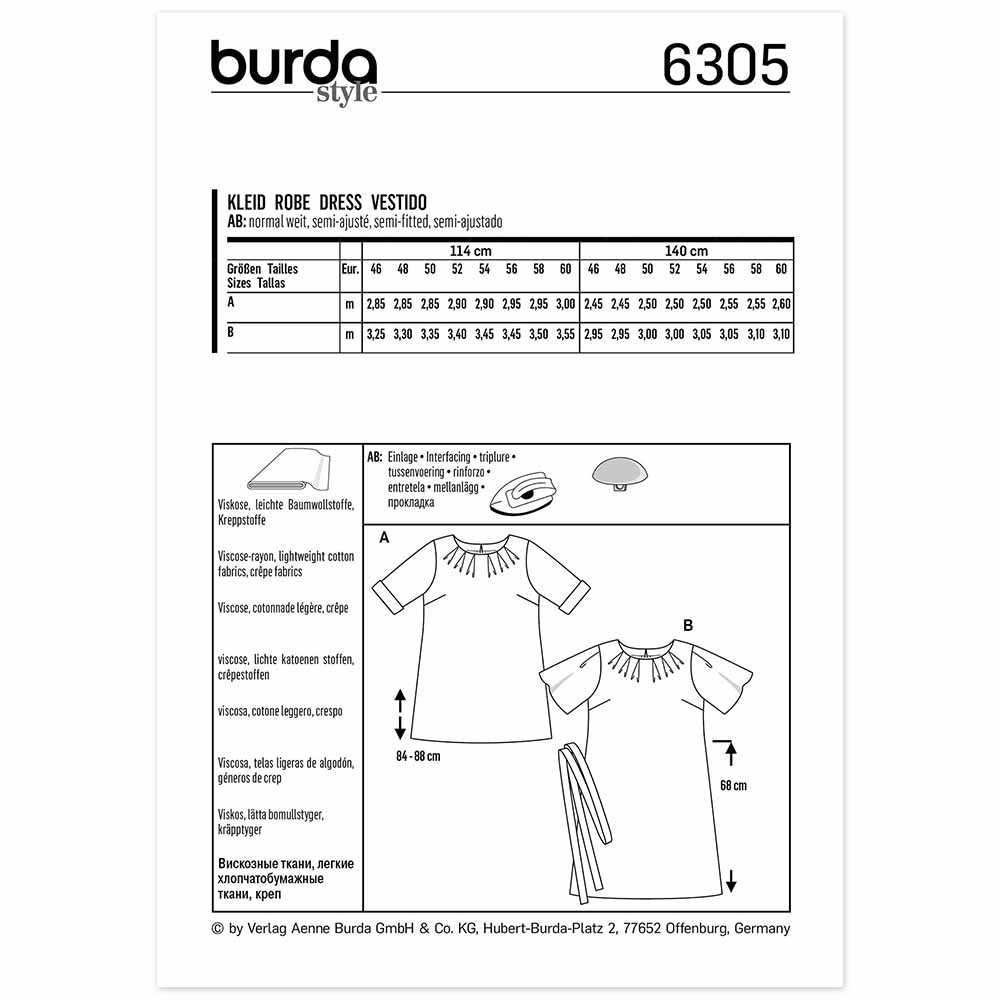 BURDA Sewing Pattern Pattern 6305 Top And Dress Pleats At Neckline