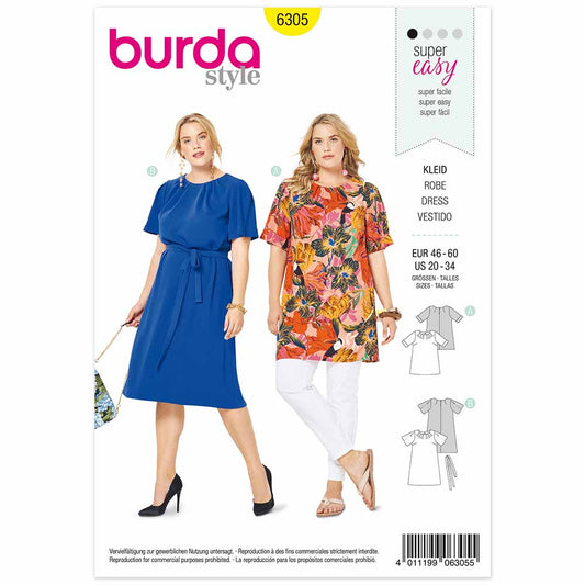 BURDA Sewing Pattern Pattern 6305 Top And Dress Pleats At Neckline