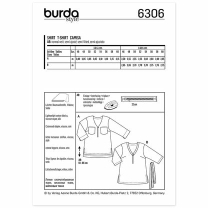 BURDA Sewing Pattern Pattern 6306 Blouse Top V-neck