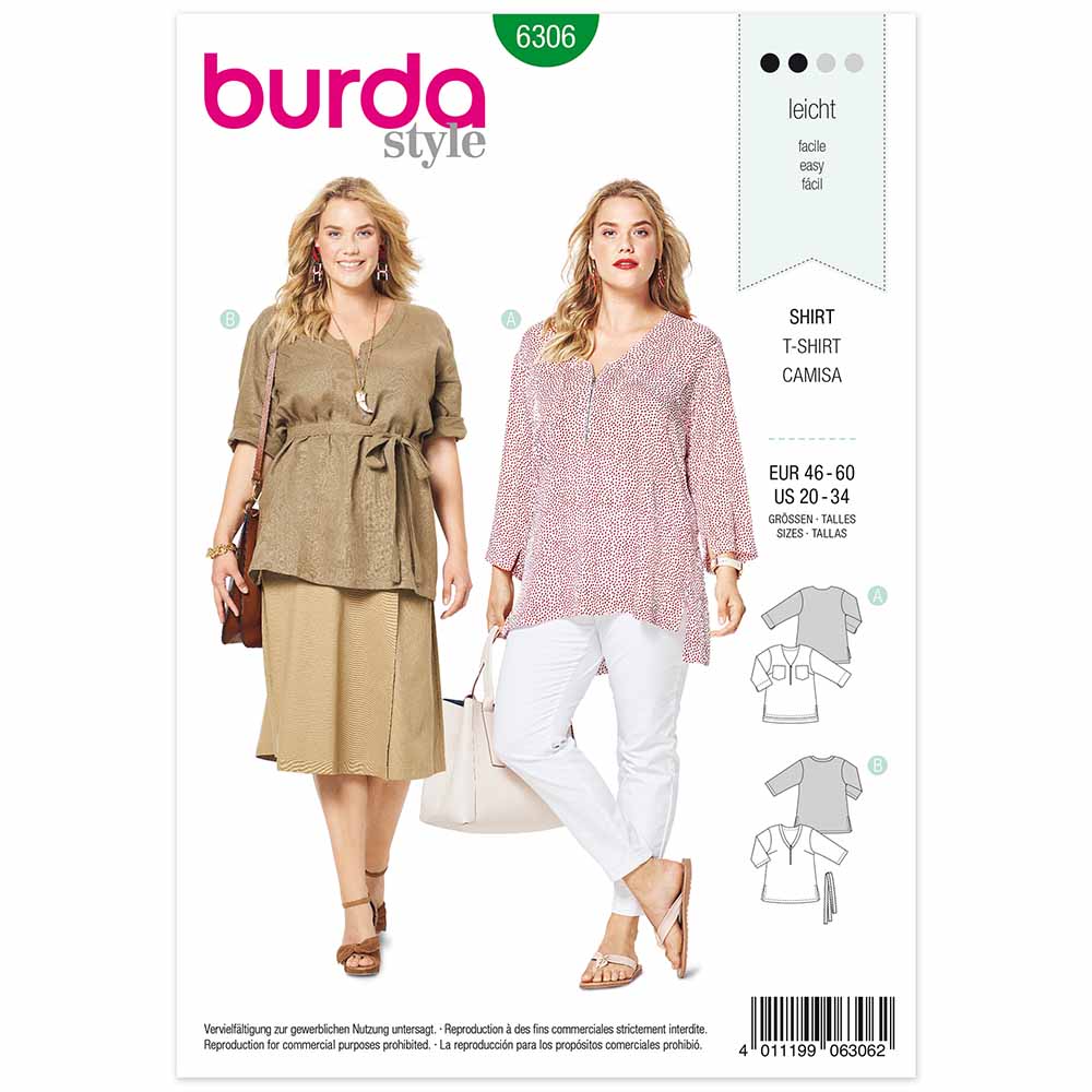 BURDA Sewing Pattern Pattern 6306 Blouse Top V-neck