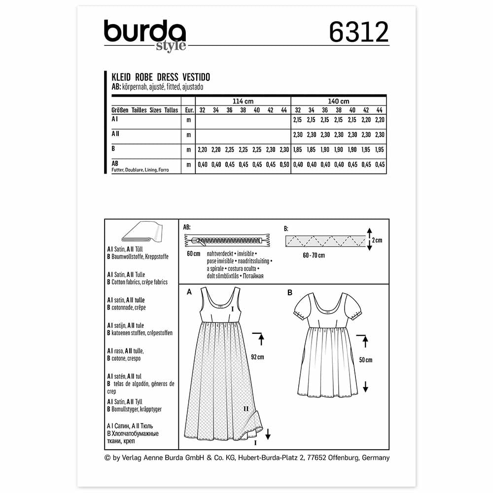 BURDA Sewing Pattern Pattern 6312 Dress Empire Waist