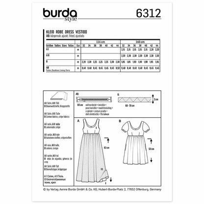 BURDA Sewing Pattern Pattern 6312 Dress Empire Waist