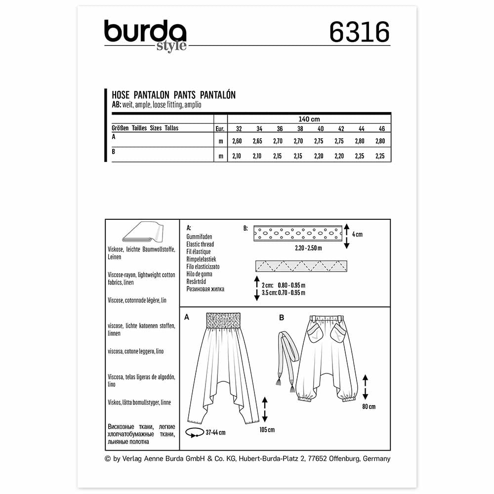 BURDA Sewing Pattern Pattern 6316 Sarouel Pants/trousers Harem Pants/trousers