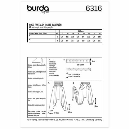 BURDA Sewing Pattern Pattern 6316 Sarouel Pants/trousers Harem Pants/trousers