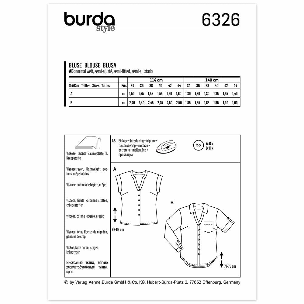 BURDA Sewing Pattern Pattern 6326 Shirt Blouse V-neck With Neckline Band