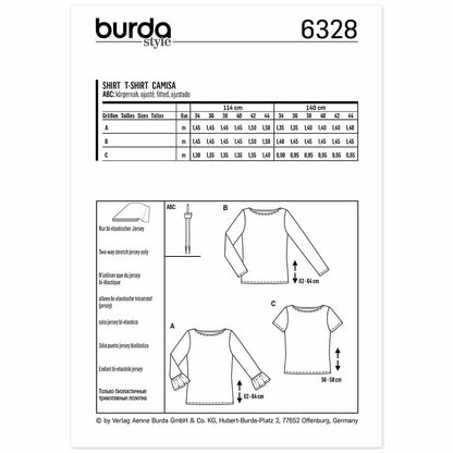 BURDA Sewing Pattern Pattern 6328 Top Boat Neckline