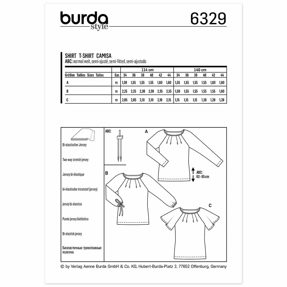 BURDA Sewing Pattern 6329 Raglan Top, Pleated Neckline
