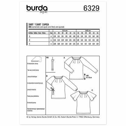 BURDA Sewing Pattern 6329 Raglan Top, Pleated Neckline