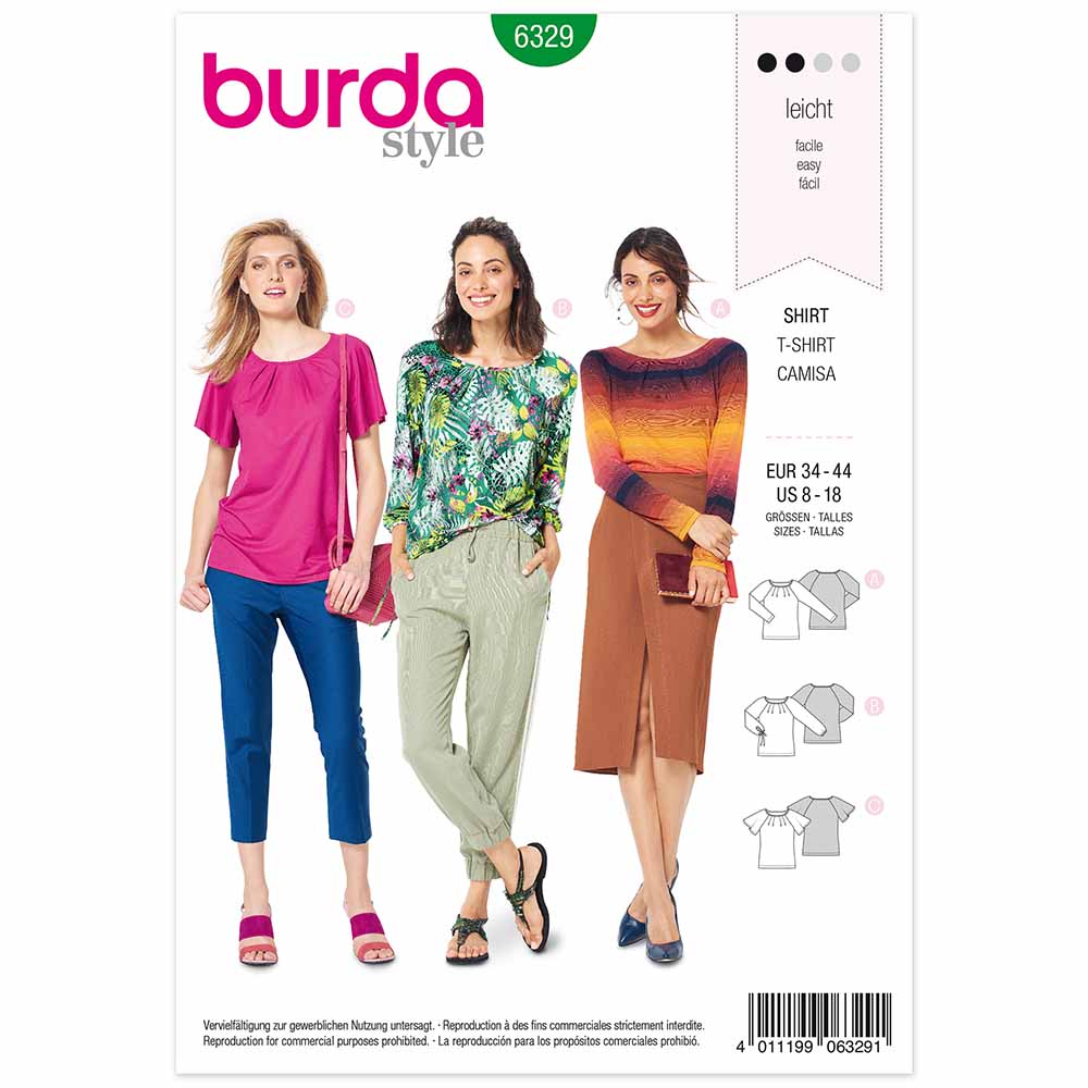 BURDA Sewing Pattern 6329 Raglan Top, Pleated Neckline