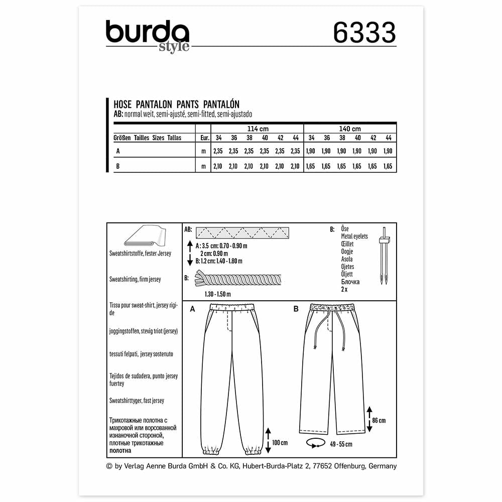 BURDA Sewing Pattern 6333 Jogging Pants, Elastic & Drawstring Waist