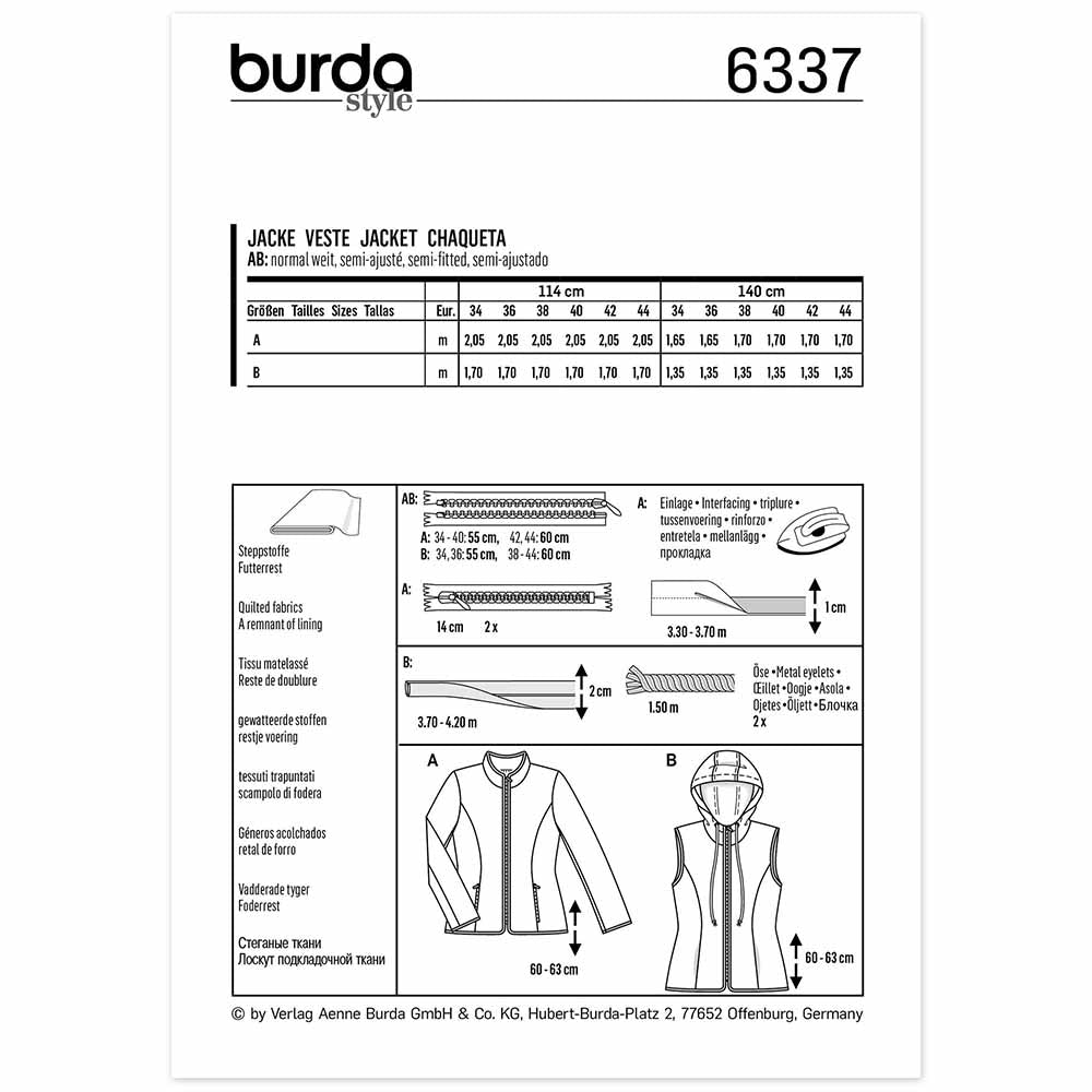BURDA Sewing Pattern 6337 Quilted Jacket / Hooded Vest, Zip Fastening