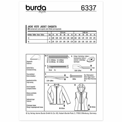 BURDA Sewing Pattern 6337 Quilted Jacket / Hooded Vest, Zip Fastening