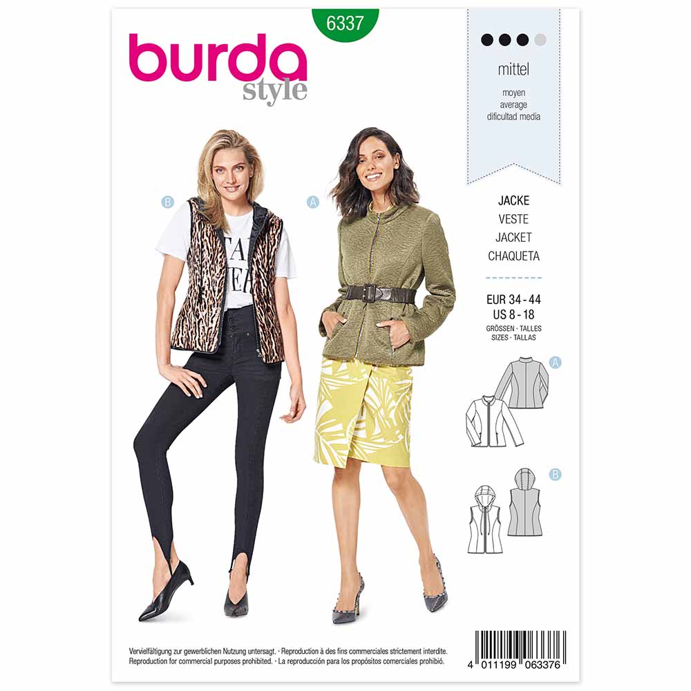 BURDA Sewing Pattern 6337 Quilted Jacket / Hooded Vest, Zip Fastening