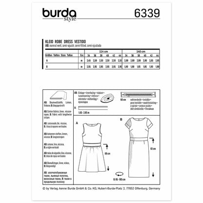 BURDA Sewing Pattern 6339 Dress, Waistband, Shallow Neckline