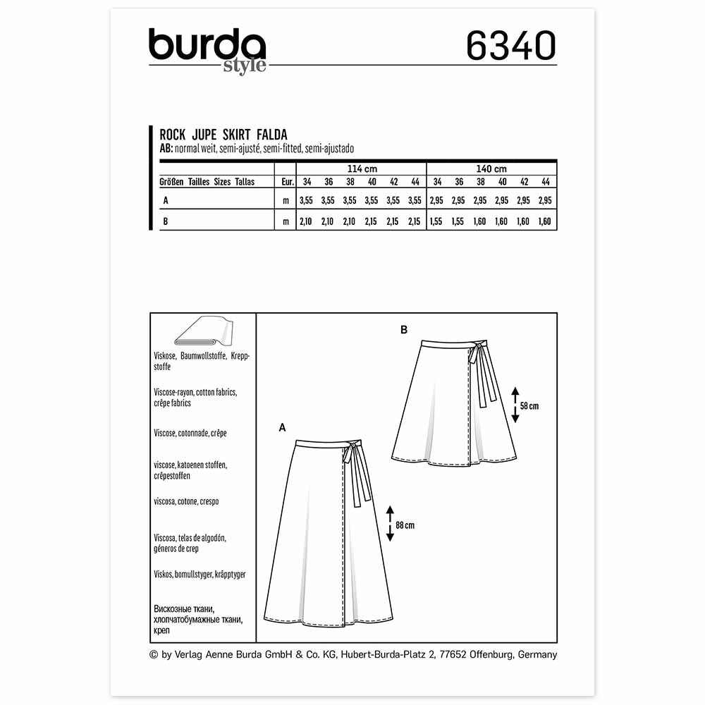 BURDA Sewing Pattern 6340 Wrap Skirt, Two Lengths, Tie Closure