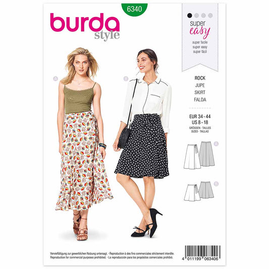 BURDA Sewing Pattern 6340 Wrap Skirt, Two Lengths, Tie Closure