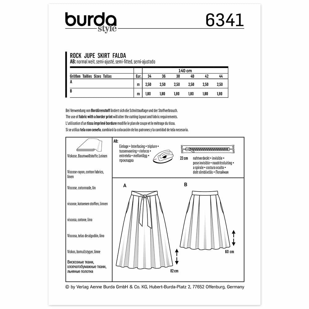 BURDA Sewing Pattern 6341 Skirt, Inverted Pleats, Two Lengths