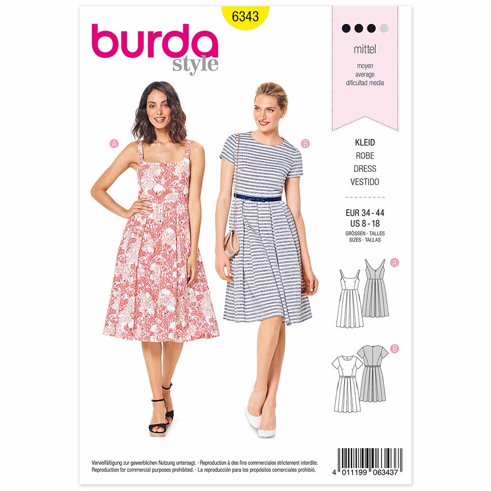 BURDA - 6343 Dress with Pleated Skirt - Pinafore Dress