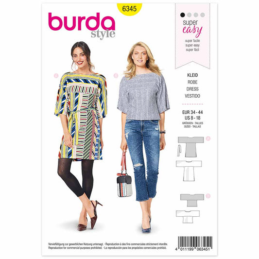 BURDA Sewing Pattern 6345 Top & Dress, Wide Sleeves