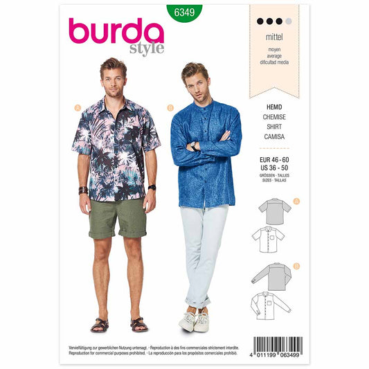 BURDA - 6349 Men’s Shirt - Short Sleeved - Long Sleeved - Shirt with Stand Collar