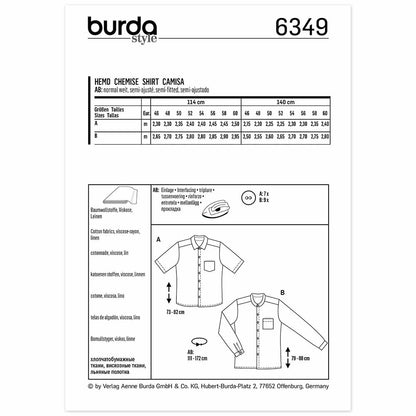 BURDA Sewing Pattern 6349 Men’s Shirt, Short/Long Sleeves