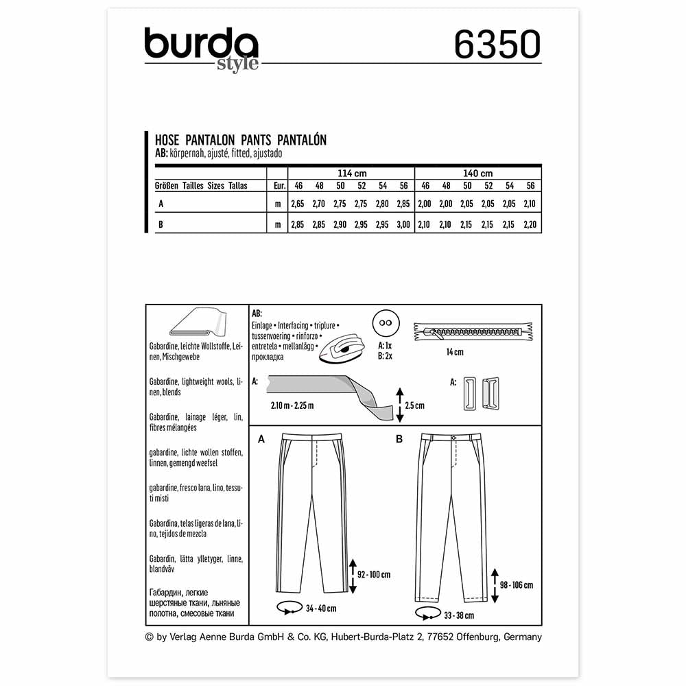 BURDA Sewing Pattern 6350 Men’s Pants, Angled Pockets