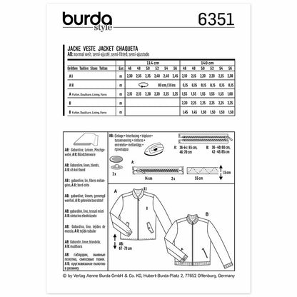 BURDA Sewing Pattern 6351 Men’s Blouson Jacket, Zipper Front