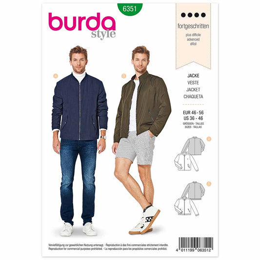 BURDA Sewing Pattern 6351 Men’s Blouson Jacket, Zipper Front