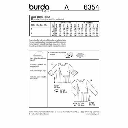 BURDA Sewing Pattern 6354 Blouse, Asymmetric Seams