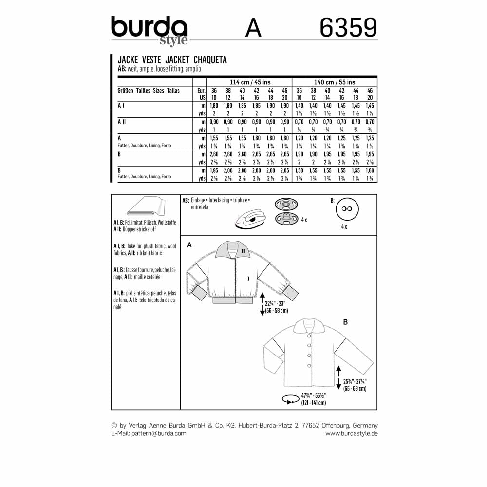 BURDA Sewing Pattern 6359 Fur Jacket / Blouson, Wide Cut