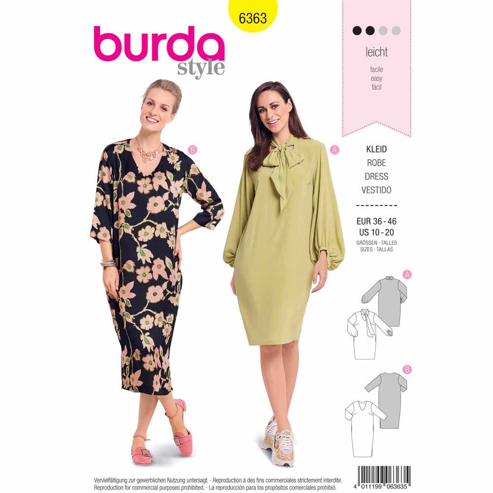 BURDA Sewing Pattern 6363 V-Neck Dress, Tie Collar Option