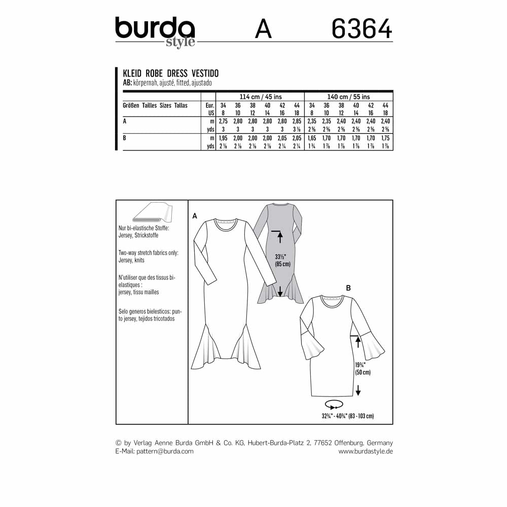 BURDA Sewing Pattern 6364 Long Dress / Shirt Dress, Side Godets