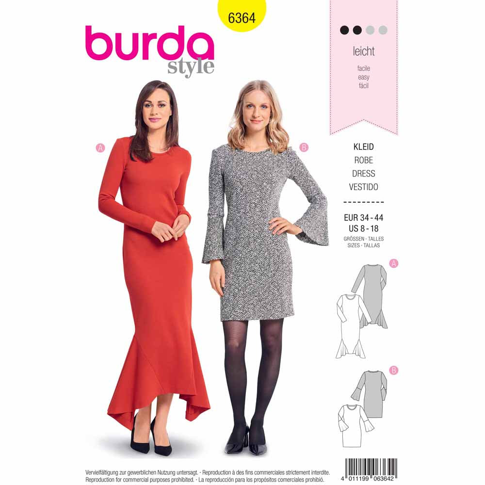 BURDA Sewing Pattern 6364 Long Dress / Shirt Dress, Side Godets
