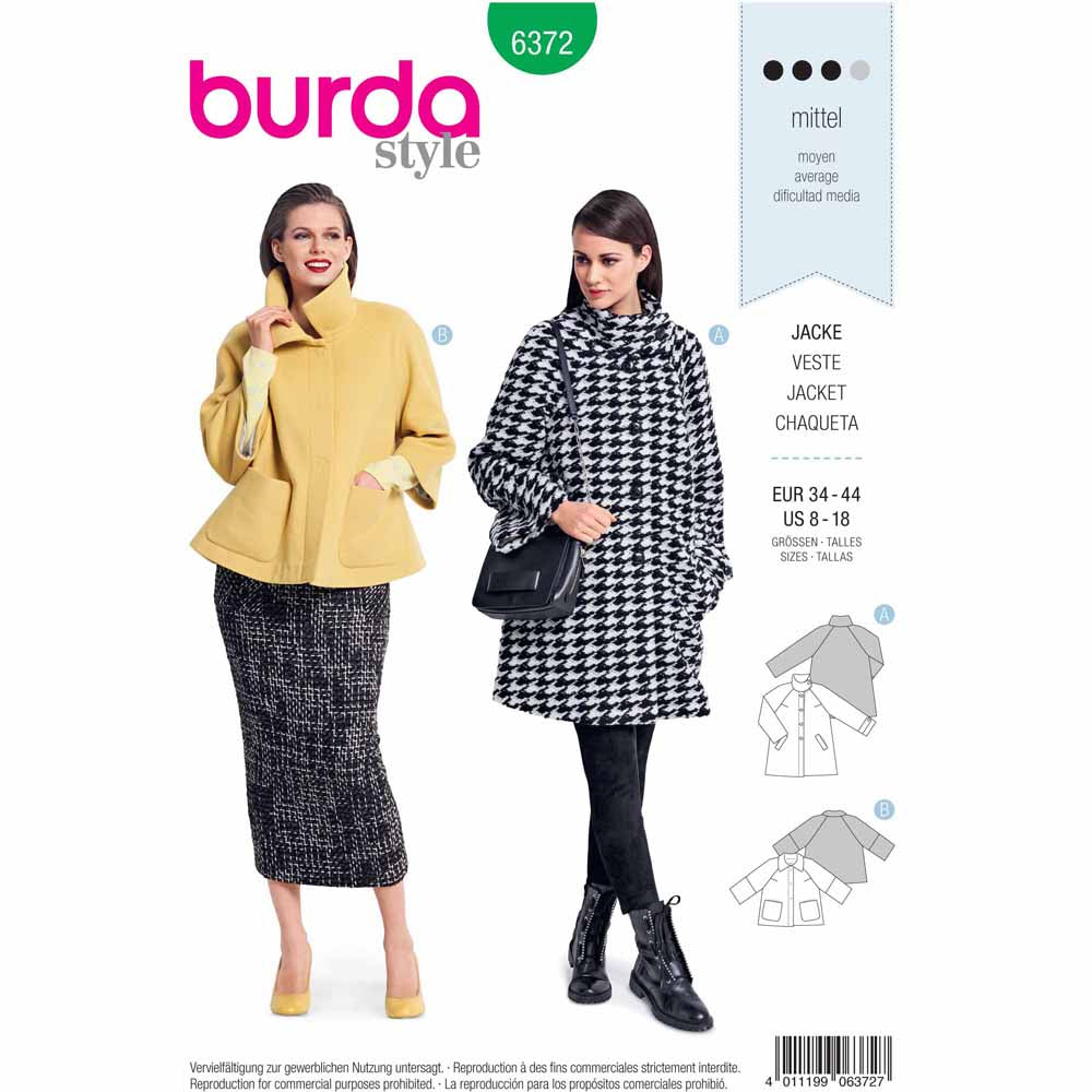 BURDA Sewing Pattern 6372 Raglan Jacket, Flared Shape