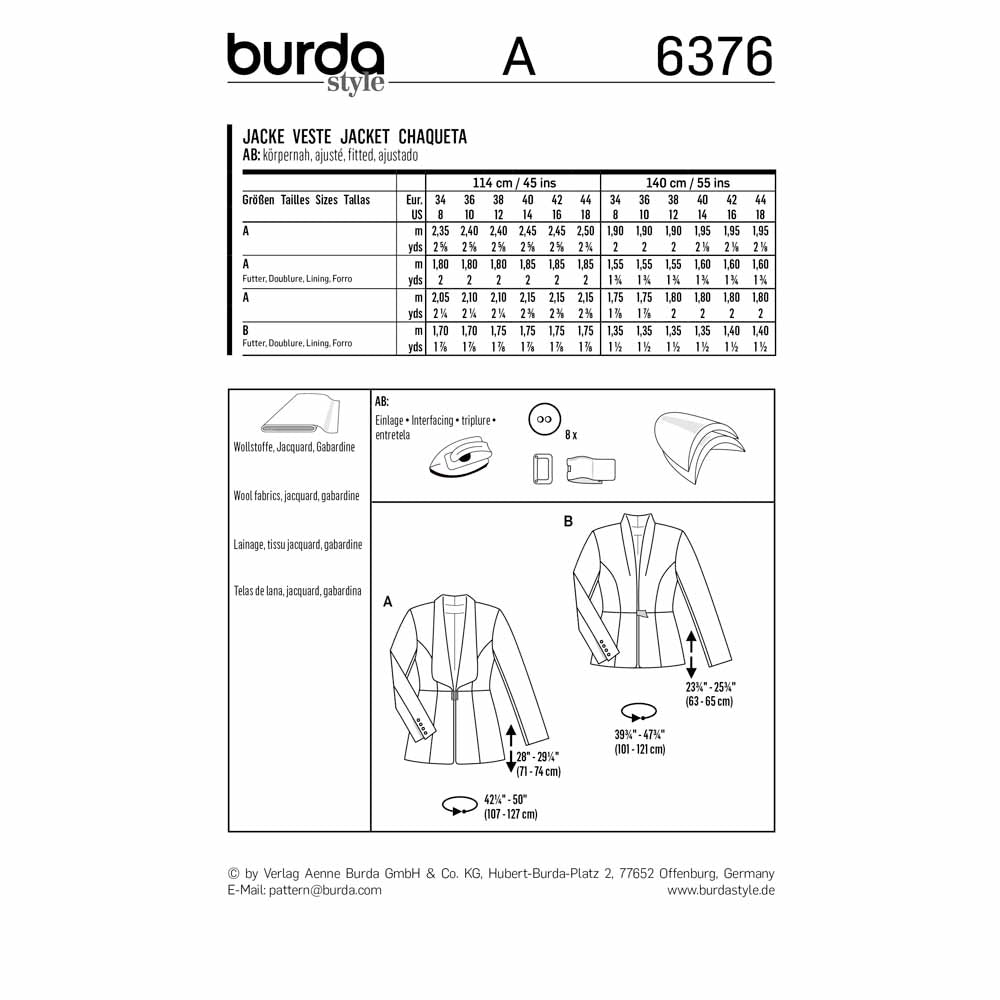 BURDA Sewing Pattern 6376 Couture Blazer With Statement Collar