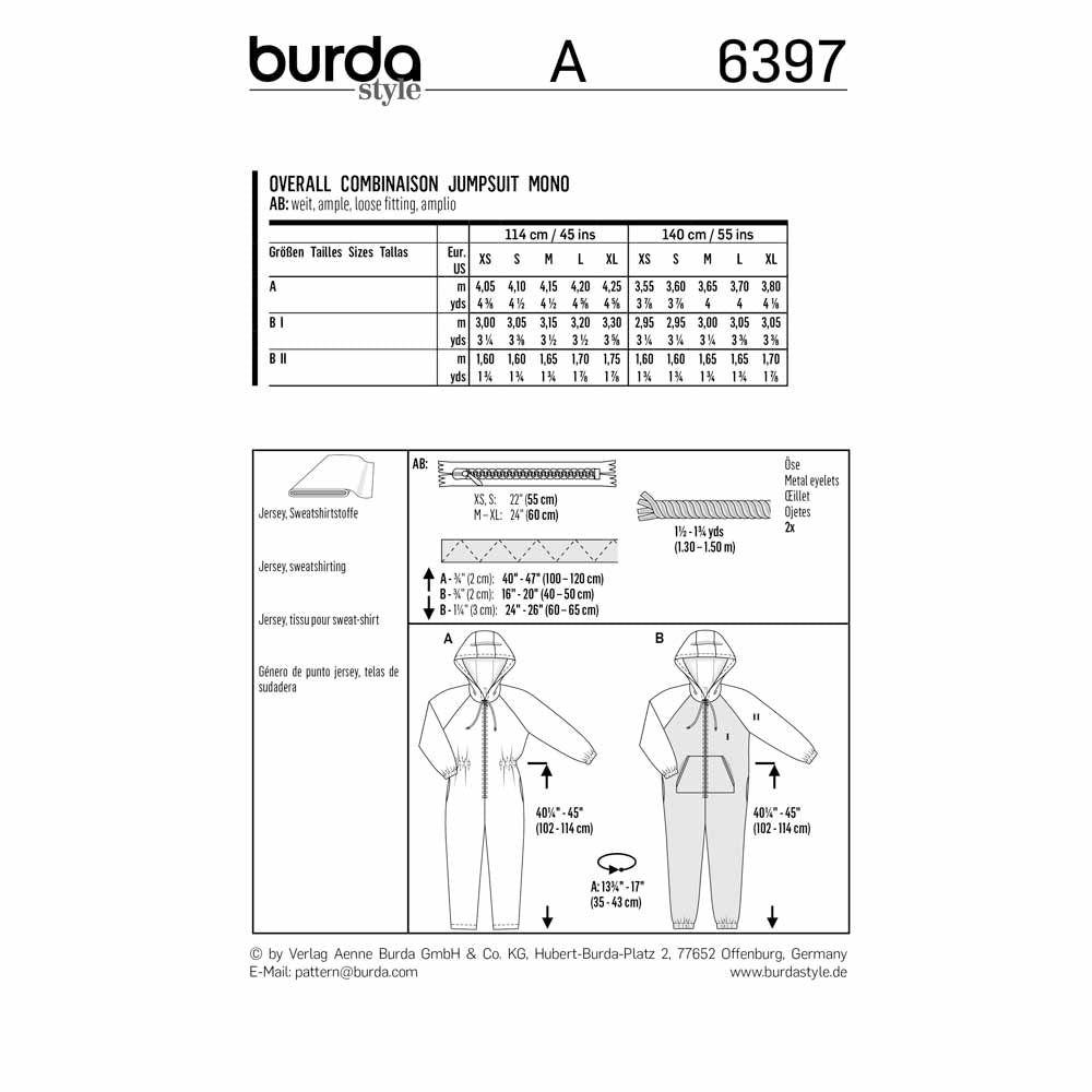BURDA Sewing Pattern 6397 Hooded Lounge Jumpsuit With Pocket Detail