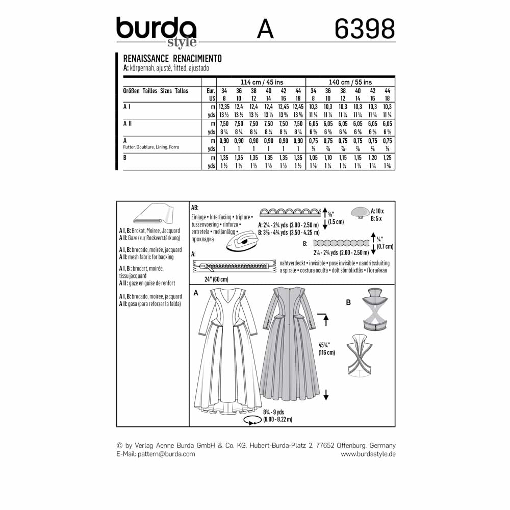BURDA Sewing Pattern 6398 Renaissance Dress With Full Skirt And Belt