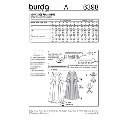 BURDA Sewing Pattern 6398 Renaissance Dress With Full Skirt And Belt