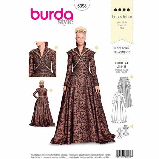 BURDA Sewing Pattern 6398 Renaissance Dress With Full Skirt And Belt