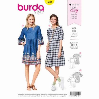 BURDA Sewing Pattern 6401 Swing Dress With Sleeve Variations