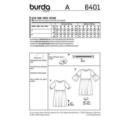 BURDA Sewing Pattern 6401 Swing Dress With Sleeve Variations