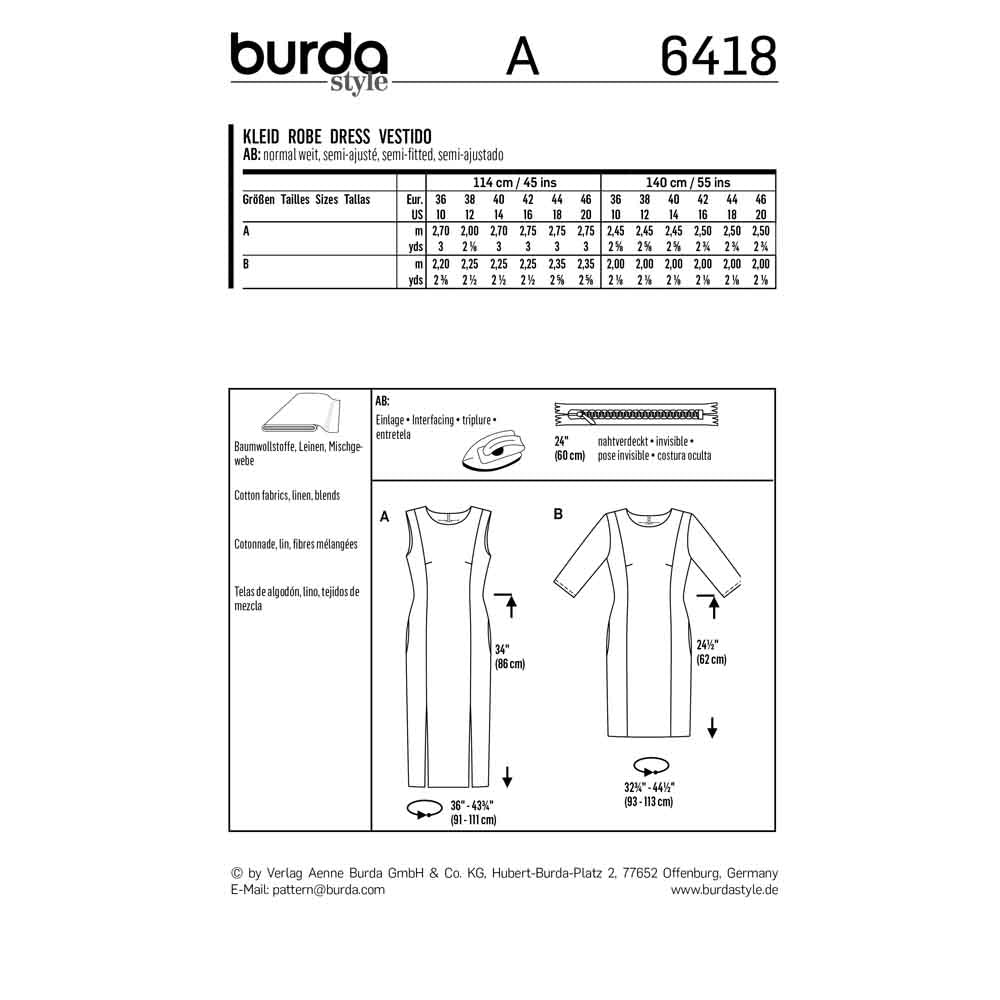 BURDA Sewing Pattern 6418 Shift Dress With Panel Seams And Pockets